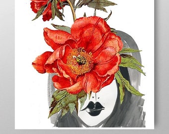 Spójrz przez kwiaty 2- Technika mieszana Sztuka dekoracyjna, Malarstwo kwiatowe, Rysunek, Ilustracja, Portret, Wydruk na Dzień Matki Wydruk