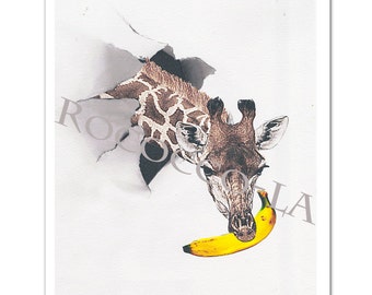 JIRAFA CON PLÁTANO - Técnica mixta Arte decorativo Animal pintura dibujo ilustración retrato impresión