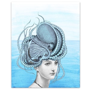 Coming Out of the Water - Girl with Octopus - Original ART Print