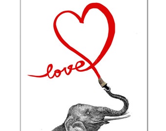 LOVE -Heart print, words, pop art, posters with elephant - ART Print