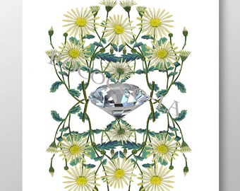 Birth Stone&Flower Print /APRIL/Diamond/Daisy/Mixed media art/Motivational art/illustration/Birthday gift/