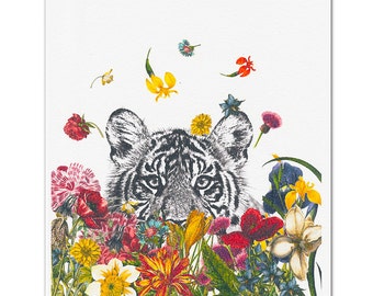 THE HAPPY TIGER! Mixed media Decorative art Animal painting drawing illustration portrait print