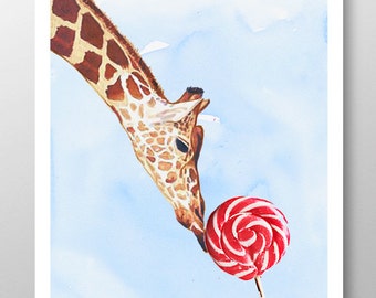 The GIRAFFE LOVES SWEETS! Mixed media Decorative art Animal painting drawing illustration portrait print