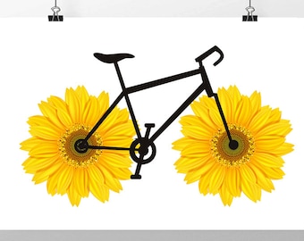 Impresión de arte de bicicleta de girasol feliz, cartel de bicicleta, cartel de arte decorativo de medios mixtos