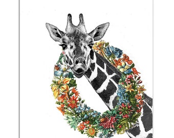 THE HAPPY GIRAFFE ! Mixed media Decorative art Animal painting drawing illustration portrait print