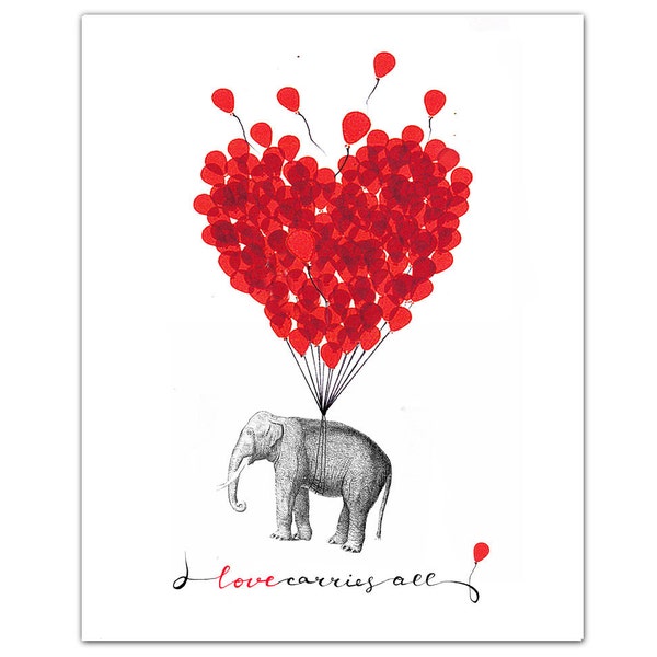 LOVE CARRIES ALL (Elephant) - Mixed media Decorative art Animal painting drawing illustration portrait print