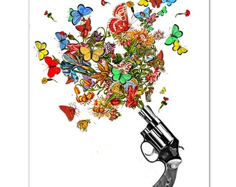 Vintage REVOLVER , Butterflies and Flowers- ART Print