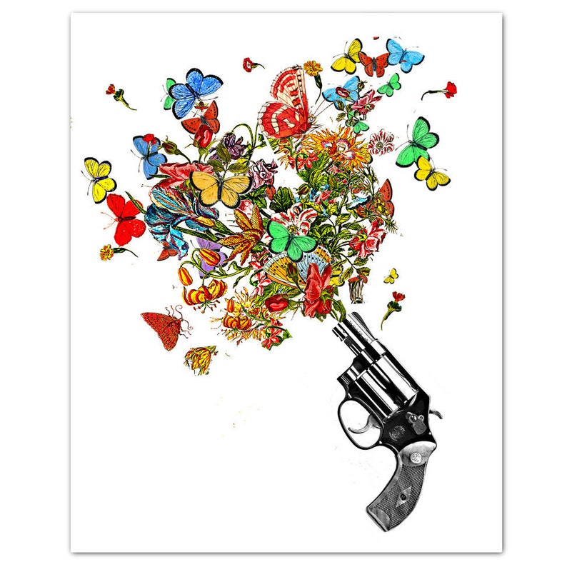 Vintage REVOLVER , Butterflies and Flowers ART Print image 1