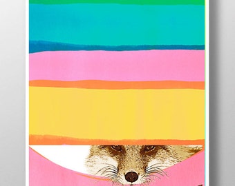 DAYDREAMING FOX! print, Mixed media, Happy art, Animal painting, colorful art, watercolor art, portrait,Decorative art