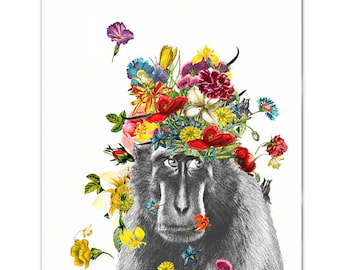 GORILLA in the GARDEN Mixed media Decorative art Animal painting drawing illustration portrait print POSTER