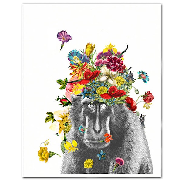 GORILLA in the GARDEN Mixed media Decorative art Animal painting drawing illustration portrait print POSTER