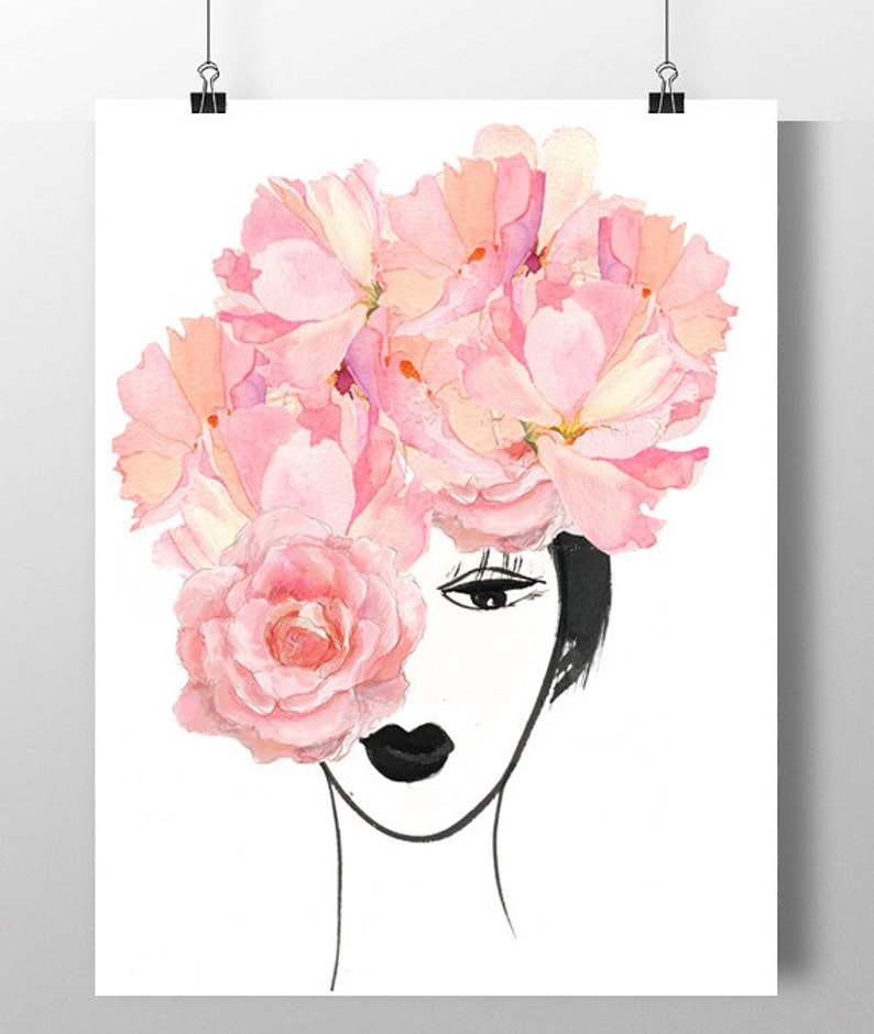 Look through the Flowers 3 Pink Mixed media Decorative art, Flower painting, drawing, illustration, portrait , Mother's day print image 1