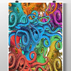 Octopus Party! - Mixed media Decorative art Animal painting drawing illustration portrait print POSTER