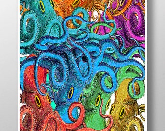 Impreza ośmiornicy! - Technika mieszana Sztuka dekoracyjna Malarstwo zwierząt Rysunek Ilustracja Portret Wydruk PLAKAT