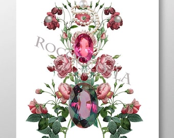 Birth Stone & Flower Print /JUNE/Pearl and Alexandrite/Rose/Mixed media art/Motivational art/illustration/Birthday gift