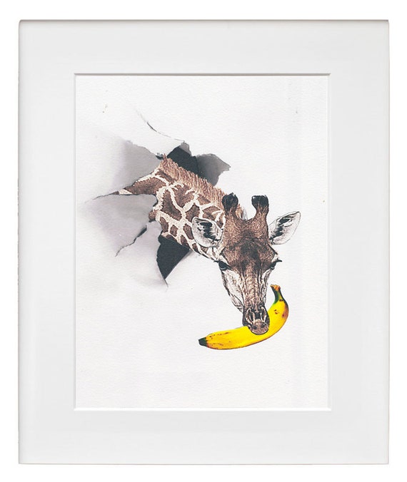 GIRAFFE WITH BANANA Mixed Media Decorative Art Animal 