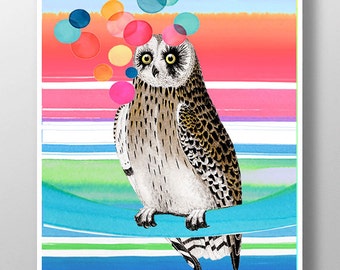 FELIZ BÚHO - impresión, Técnica mixta, Arte feliz, Pintura animal, Arte colorido, Arte de acuarela, Retrato, Arte decorativo