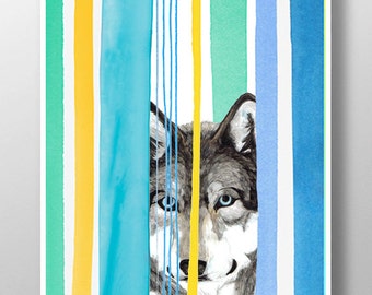 DREAMY WOLF- impresión, técnica mixta, arte feliz, pintura de animales del bosque, arte colorido, arte de la acuarela, retrato, arte decorativo