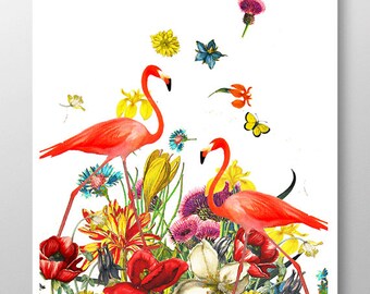 Mixed media HAPPY FLAMINGOS ! Decorative art, Bird painting, drawing, illustration, portrait, Mothers day print