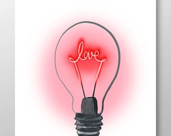 LOVE AND LIGHT (bulb) - Mixed media, Decorative art ,painting, drawing, illustration, love print, Art, Print