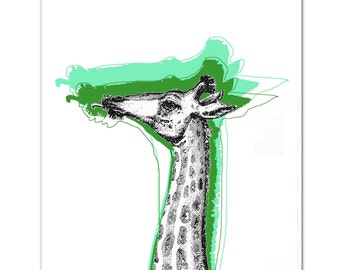 COOL GIRAFFE - Zielony Technika mieszana Sztuka dekoracyjna Malarstwo zwierzęce Rysunek Ilustracja Portret Wydruk PLAKAT