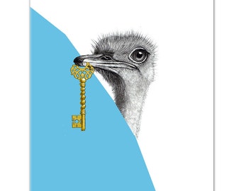OSTRICH WITH KEY (Blue) Mixed media Decorative art Animal painting drawing illustration portrait print