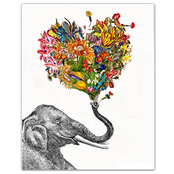 EL ELEFANTE FELIZ - impresión, arte decorativo de medios mixtos, pintura animal, dibujo, ilustración, retrato, impresión del día de las madres