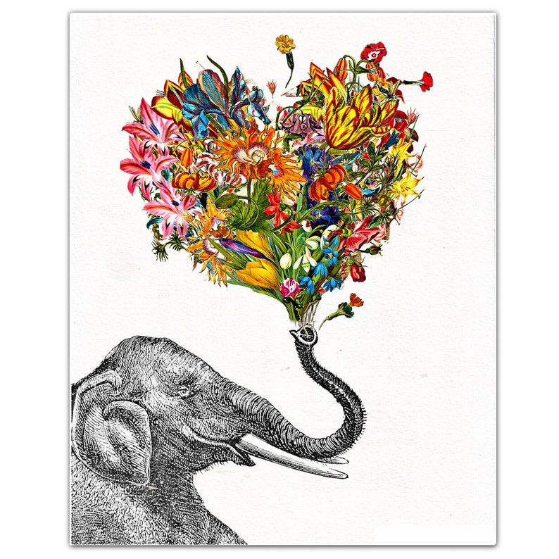 THE HAPPY ELEPHANT print, Mixed media Decorative art, Animal painting, drawing, illustration, portrait,Mothers day print image 1