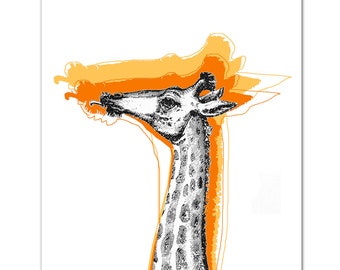 COOL JIRAFA (Amarillo) - Técnica mixta Arte decorativo Animal pintura dibujo ilustración retrato impresión