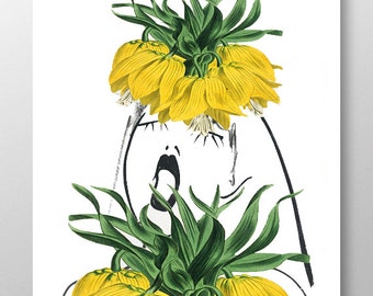 LOOK through the FLOWERS (Yellow)- Mixed media Decorative art, Flower painting, drawing, illustration, portrait , Mothers day print