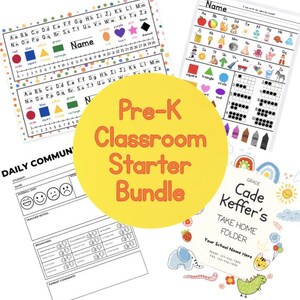 May include: A Pre-K Classroom Starter Bundle featuring colorful educational printables. Includes alphabet charts, number lines, and take-home folders. The bundle is designed with a variety of shapes, colors, and illustrations to engage young learners.