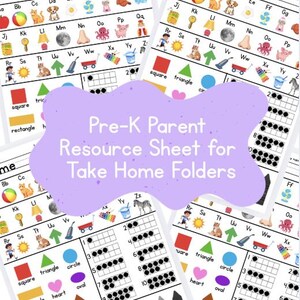 May include: A stack of Pre-K Parent Resource Sheets for Take Home Folders. Each sheet features colorful illustrations, the alphabet, shapes, and counting exercises. The sheets are designed for early childhood education.