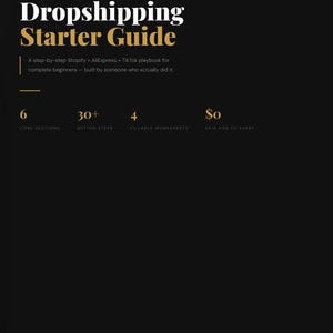 May include: A black and gold guide titled "The No-BS Dropshipping Starter Guide" with the text "2026 Edition." The guide includes information on Shopify, AliExpress, and TikTok for beginners. It highlights 6 core sections, 30+ action steps, and 4 fillable worksheets.