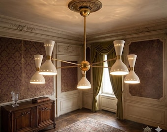 Modern 5 Light Chandelier – Raw Brass Ceiling Fixture with White Glass Shades