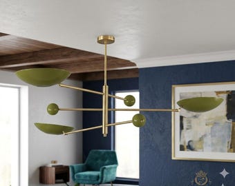 Mid Century Modern Kronleuchter Olivgrün Gold, 3 Lichtanhänger, Vintage Deckenleuchte Leuchte
