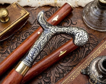 Handmade Brass Derby Handle Cane – Engraved Floral Vintage Walking Stick