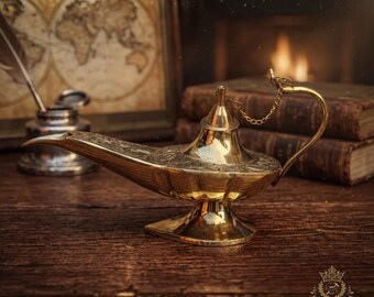 Brass Aladdin Genie Lamp – Vintage Engraved Oil Lamp Decor (6" & 8")