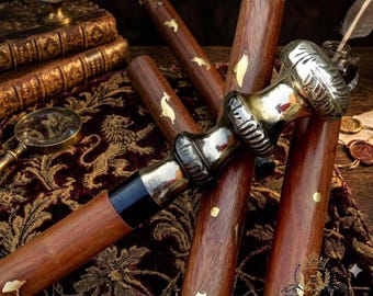 手作りの木製杖 – 真鍮製のヘッドハンドル、ヴィンテージスタイルのビクトリア朝風杖
