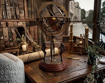Armillary Sphere 18" – Wooden Base, Vintage Style Elegant Desk Decor Gift