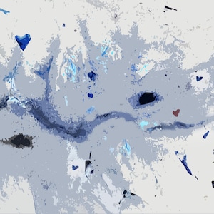 May include: Abstract digital art with a light gray and white background. The artwork features splashes and streaks of blue, dark blue, and black, with a few small heart shapes scattered throughout. The overall effect is a textured, painterly style.