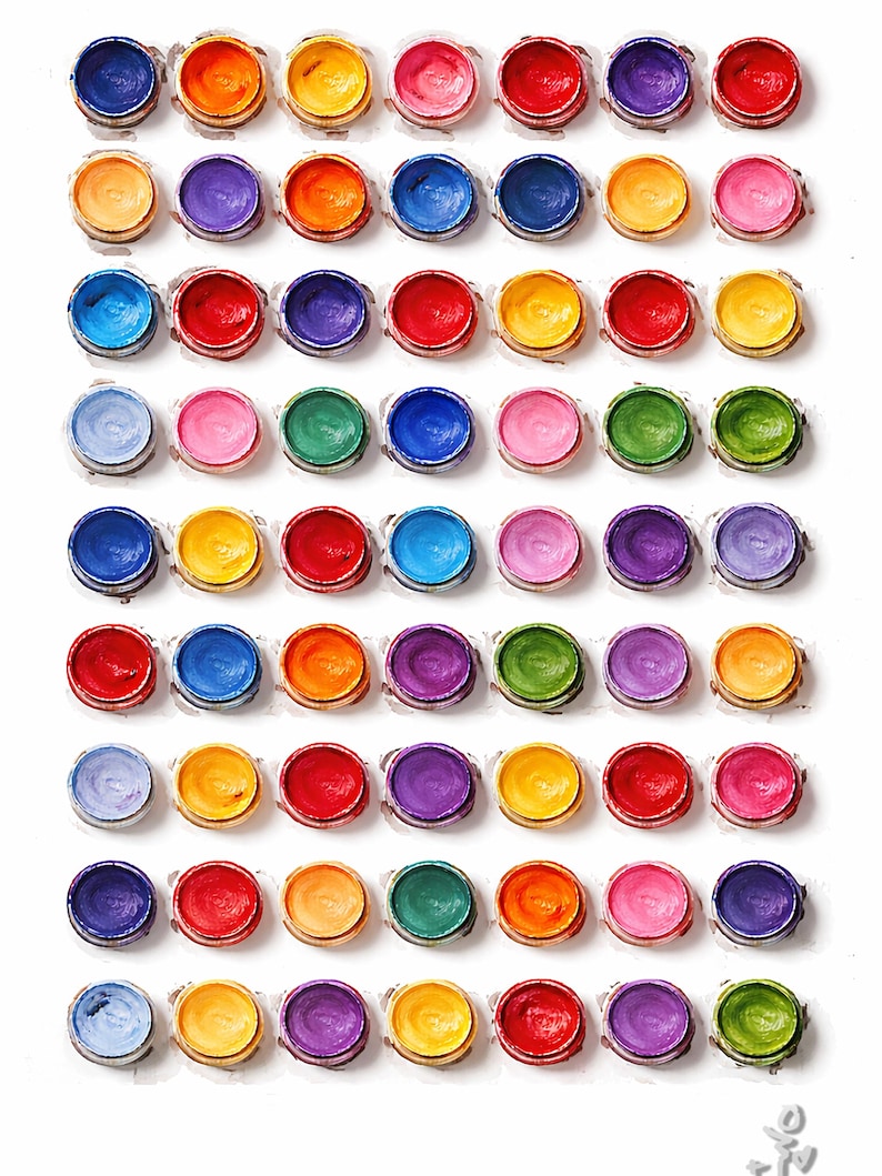May include: A top-down view of a collection of small, open paint pots arranged in rows. The paint colors include a variety of vibrant hues such as red, yellow, blue, green, and purple. The pots are set against a white background.