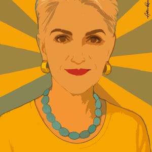May include: A digital portrait of a person with short hair, wearing gold hoop earrings and a turquoise beaded necklace over a yellow shirt. The background features a sunburst pattern in shades of yellow and olive green, with a signature in the corner.