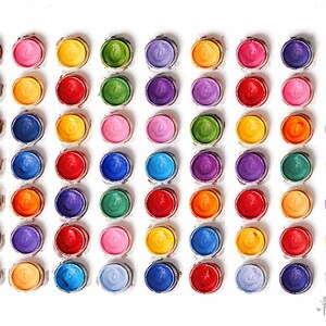 Pu&ograve; includere: Una griglia di settantadue vaschette di vernice circolari disposte in otto righe e nove colonne. Le vaschette contengono vari colori tra cui rosso, rosa, giallo, verde, blu, viola e arancione, ognuna con una superficie di pigmento secco.