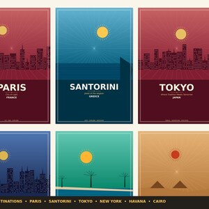 May include: Set of six travel-themed posters. Each poster features a city silhouette under a sun, with the city name and country below. Cities include Paris, Santorini, and Tokyo. The bottom of the image reads "6 of 55 Destinations".