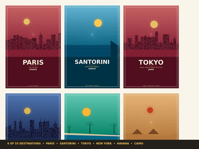 May include: Set of six travel-themed posters. Each poster features a city silhouette under a sun, with the city name and country below. Cities include Paris, Santorini, and Tokyo. The bottom of the image reads "6 of 55 Destinations".