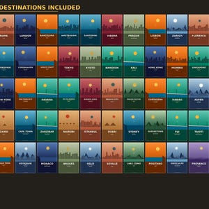 May include: A collection of 55 travel destination posters, each featuring a minimalist design with a city skyline, sun or moon, and the city name. The posters are in various colors, including blue, orange, and green.