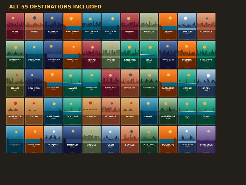 May include: A collection of 55 travel destination posters, each featuring a minimalist design with a city skyline, sun or moon, and the city name. The posters are in various colors, including blue, orange, and green.