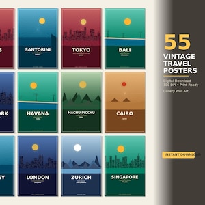 55 Vintage Travel Posters | Retro Gallery Wall Art (Digital Download) image 1