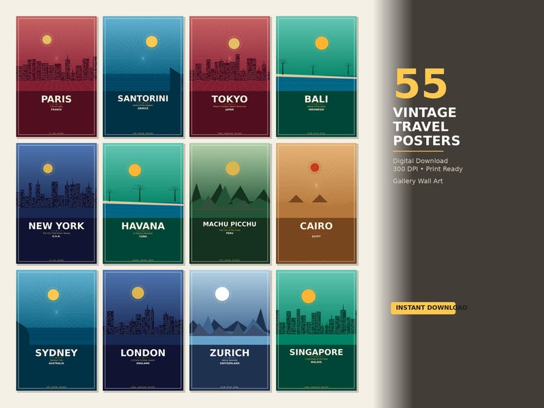 55 Vintage Travel Posters | Retro Gallery Wall Art (Digital Download) image 1