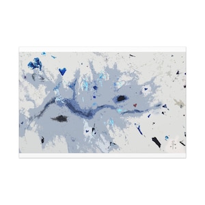 May include: Abstract art print featuring a flowing, river-like design in shades of blue and gray, with scattered blue and black accents. A small red heart adds a pop of color against the neutral background. The artwork is set against a white border.